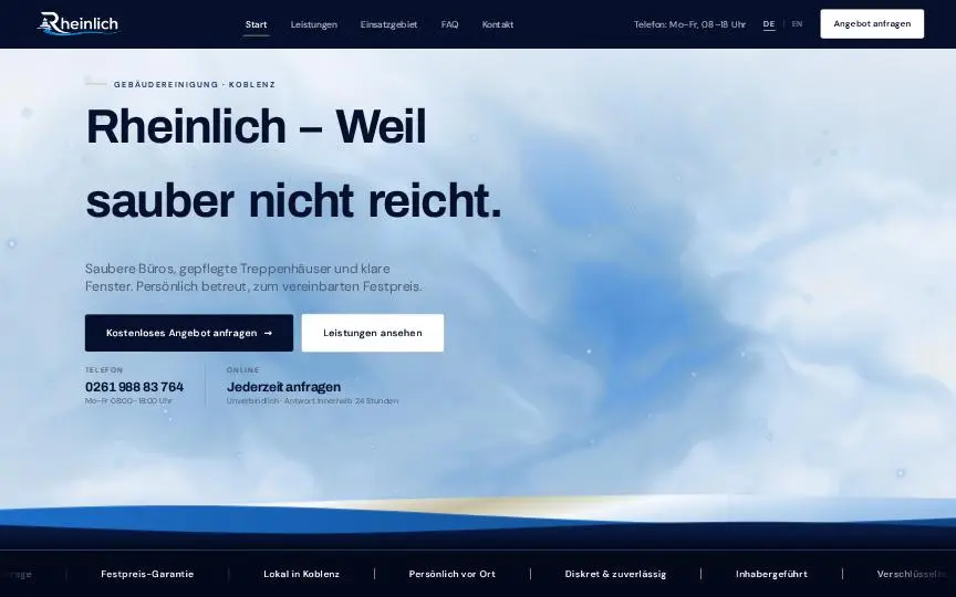Startseite von rheinlich.de: „Rheinlich, weil sauber nicht reicht.“